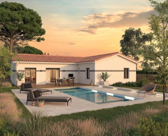 Maison neuve plain-pied en L à Cruscades 11200 – Terrain viabilisé 400 m², 3 chambres, garage et bel espace de vie familial
