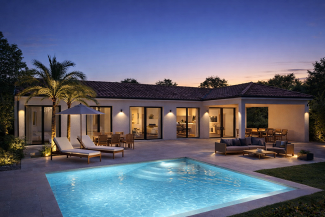 Maison neuve contemporaine de plain-pied 100 m² à Sainte-Eulalie 11170 avec 4 chambres garage et terrain viabilisé de 700 m² proche écoles et commodités