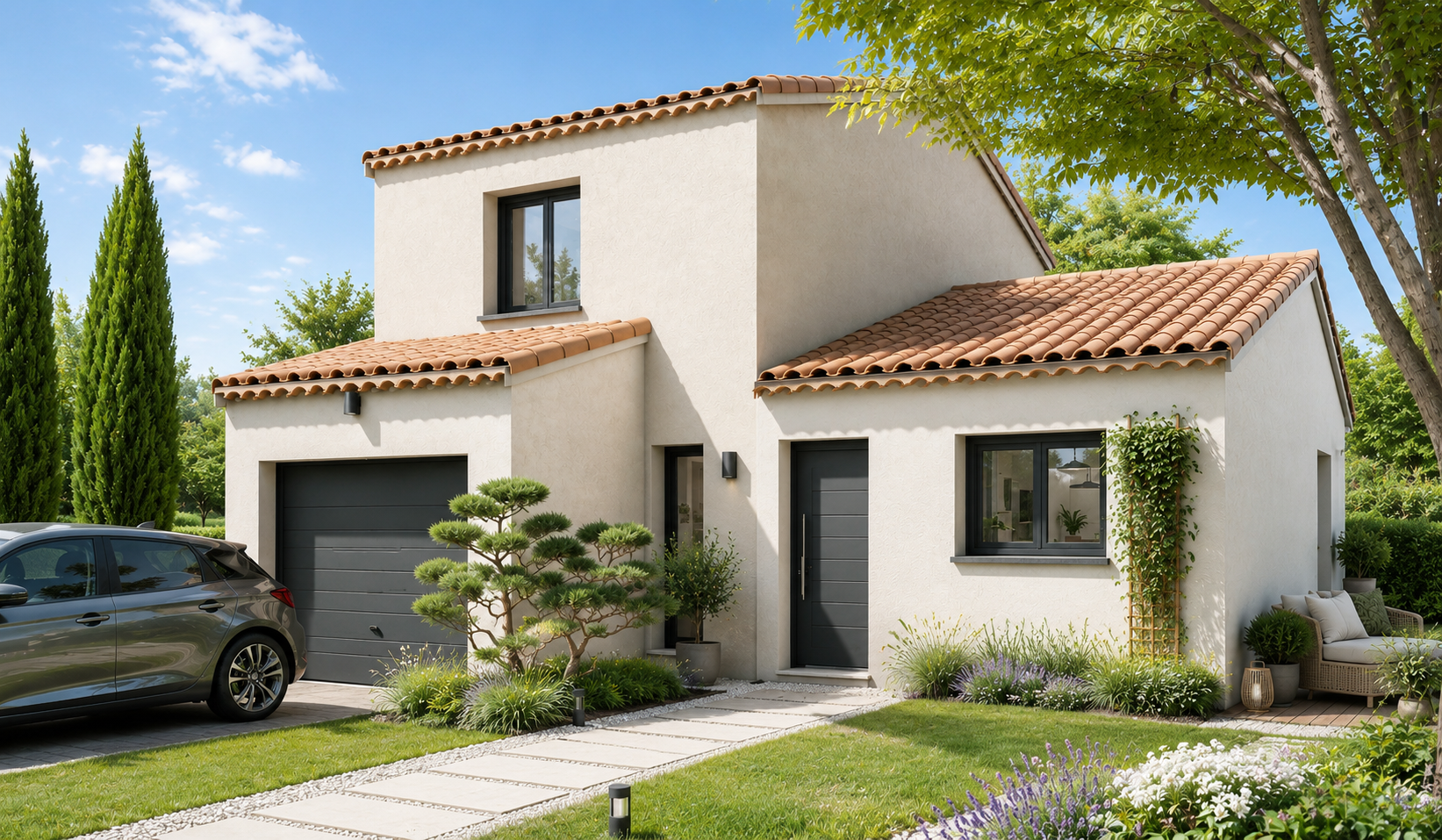 Maison traditionnelle neuve de 87 m² avec suite parentale, garage et terrain viabilisé de 350 m² à Pollestres (66450)