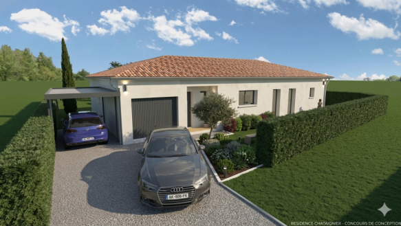 Maison neuve 87 m² à Launac 31330 – Terrain viabilisé 619 m² centre-ville proche écoles et commodités – 3 chambres suite parentale dressing garage 15 m²