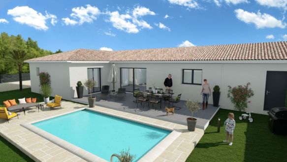 Villa en L de plain-pied de 110m²  3 chambres + garage +  grande terrasse 34290 Montblanc