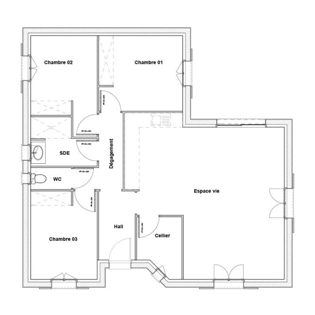 Plan de maison en L 3 chambres - Edji - Demeures dOccitanie