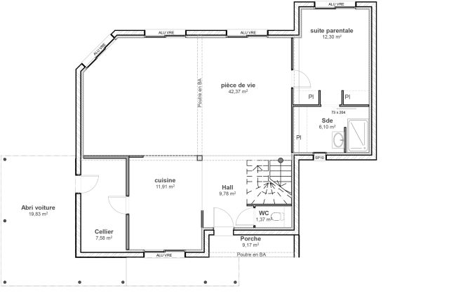 Plan de maison à étage contemporain - RDC - Modèle Laurier - Demeures d'Occitanie