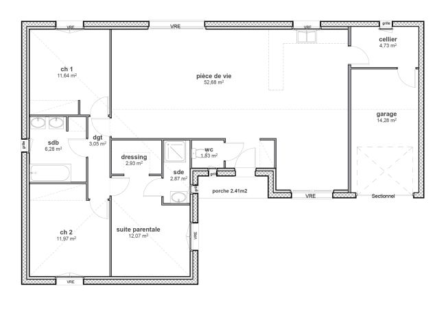 Plan de maison en L - Plain-pied - Modèle Saule - Demeures d'Occitanie