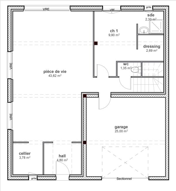 Plan de maison à étage contemporaine - RDC - Demeures d'Occitanie