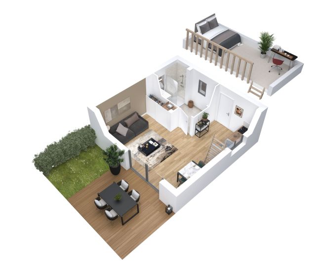 Cocoon 1B - Plan axonometrique - Studio de jardin + mezzanine - 43 m² - Demeures d'Occitanie