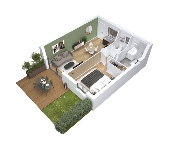 Cocoon 3 - Plan axonometrique de maison de jardin 44 m² - 1 chambre - Demeures d'Occitanie