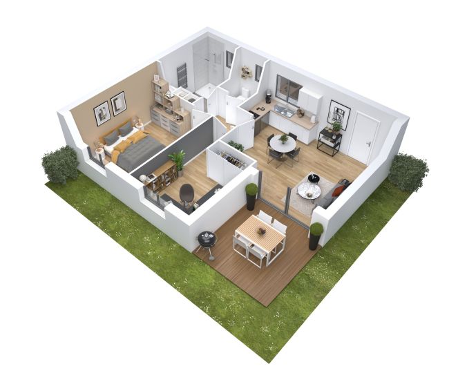 Cocoon 4 - 50 m² - 2 chambres - Plan axonométrique de Maison de jardin - Demeures d'Occitanie