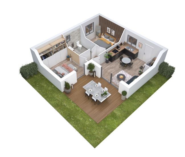 Cocoon 5 - Plan axonometrique de Maison de jardin - 50 m² - 2 chambres - terrasse - Demeures d'Occitanie