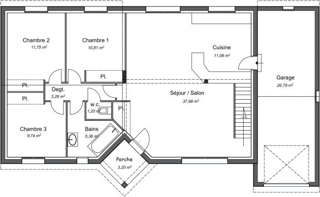Plan de maison contemporaine de 113 m² avec mezzanine RDC - Erable