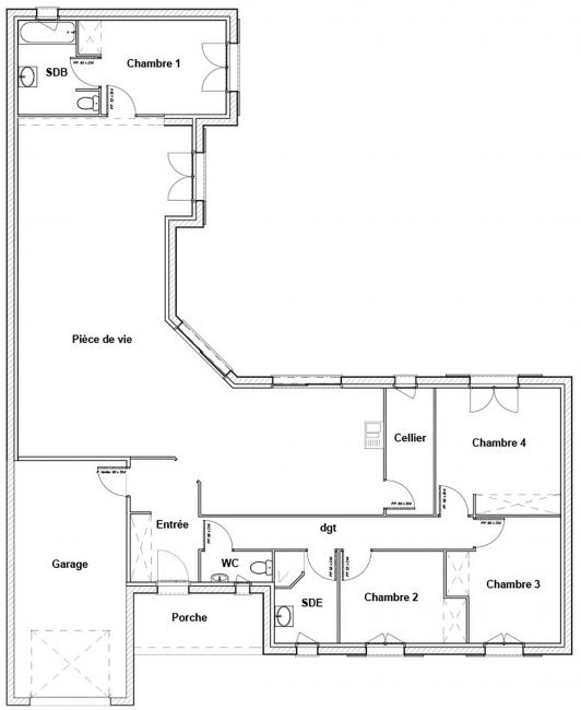 Plan de maison de 146 m² en L de plain-pied - Tamaris