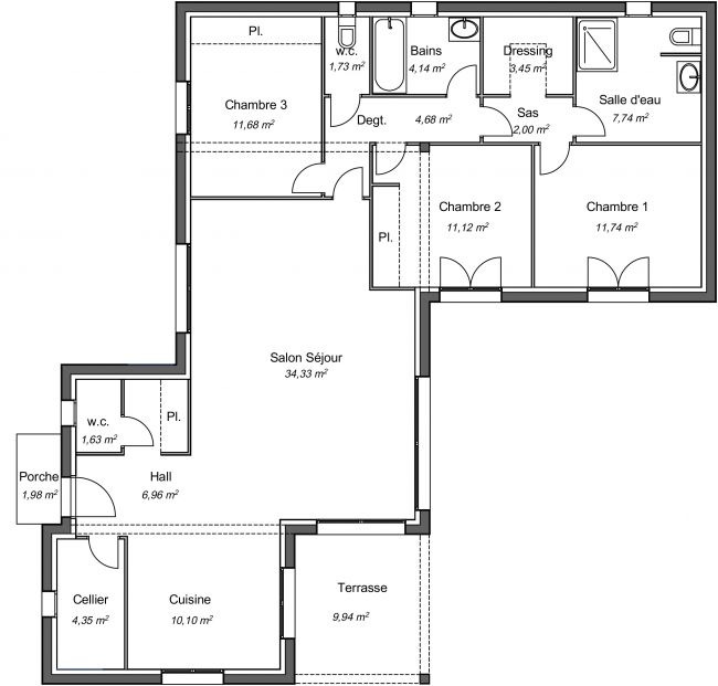 Plan de maison moderne 115 m² - Seringat