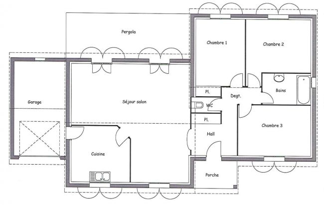 Plan de maison 3 chambres traditionnelle