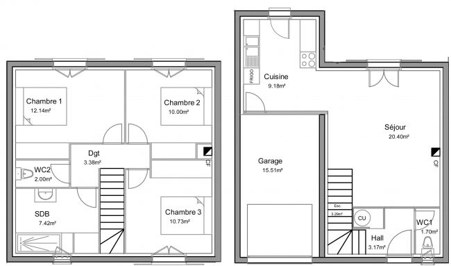 Plan de maison à étage RDC + R1 Merisier 84 m²