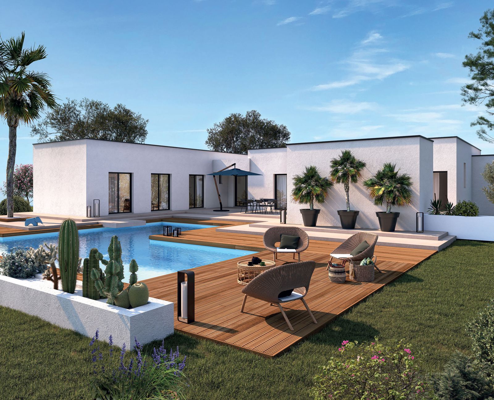 Maison contemporaine de plain pied à toit plat - Palmier - Demeures d'Occitanie