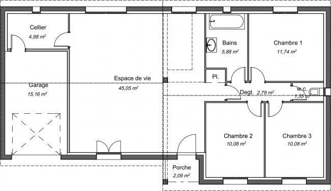 Plan de maison contemporaine de 92 m² avec garage - Lilas