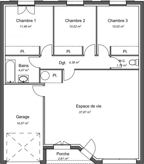 Plan de maison traditionnelle plain-pied 80 m² - Philao